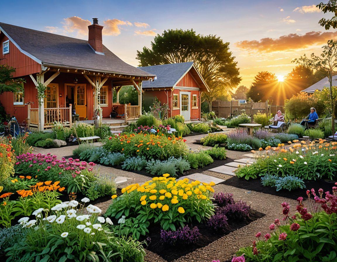 A radiant sunrise over a joyful community garden, with diverse individuals engaged in wellness activities like yoga and gardening. Fashionable clothing styles blending nature and comfort are highlighted. Flowers in full bloom surrounding the scene, symbolizing growth and positivity, with a cozy gathering area for social interactions. Soft, warm colors to evoke a sense of tranquility and community. super-realistic. vibrant colors.