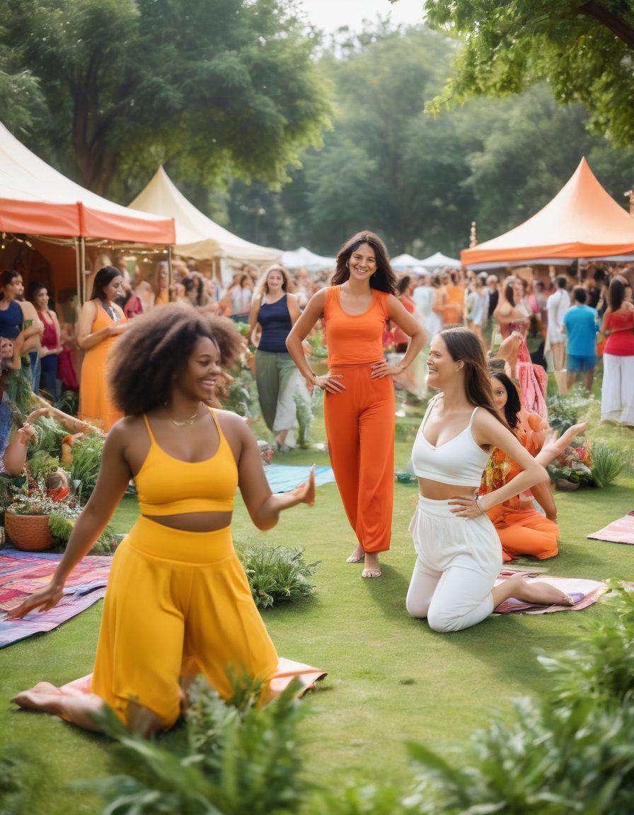 A vibrant scene showcasing a diverse group of people enjoying a colorful outdoor fashion event, surrounded by wellness activities like yoga and healthy food stalls. Include elements of togetherness like friendship and community spirit, with laughter and smiling faces. Make sure the atmosphere is warm and inviting, with fashionable outfits and natural greenery in the background. vivid colors. 3D. festive.