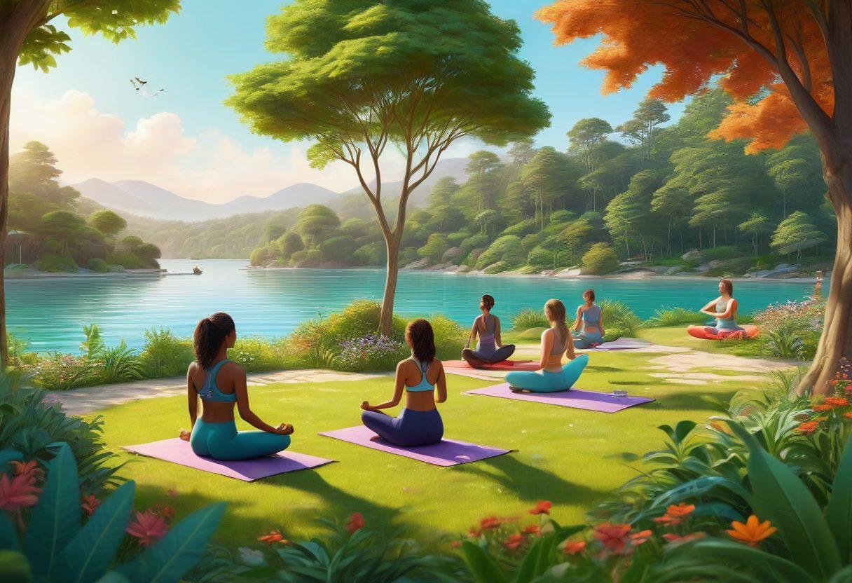 A serene landscape showcasing a diverse group of people engaging in self-care activities, such as yoga, meditation, and reading in a peaceful park. Incorporate vibrant colors to symbolize positivity and connection, with subtle symbols of trending lifestyles like eco-friendly items or fitness gear scattered throughout the scene. The background should include lush greenery and calming waters, creating an inviting atmosphere. modern illustration. vibrant colors. 3D.